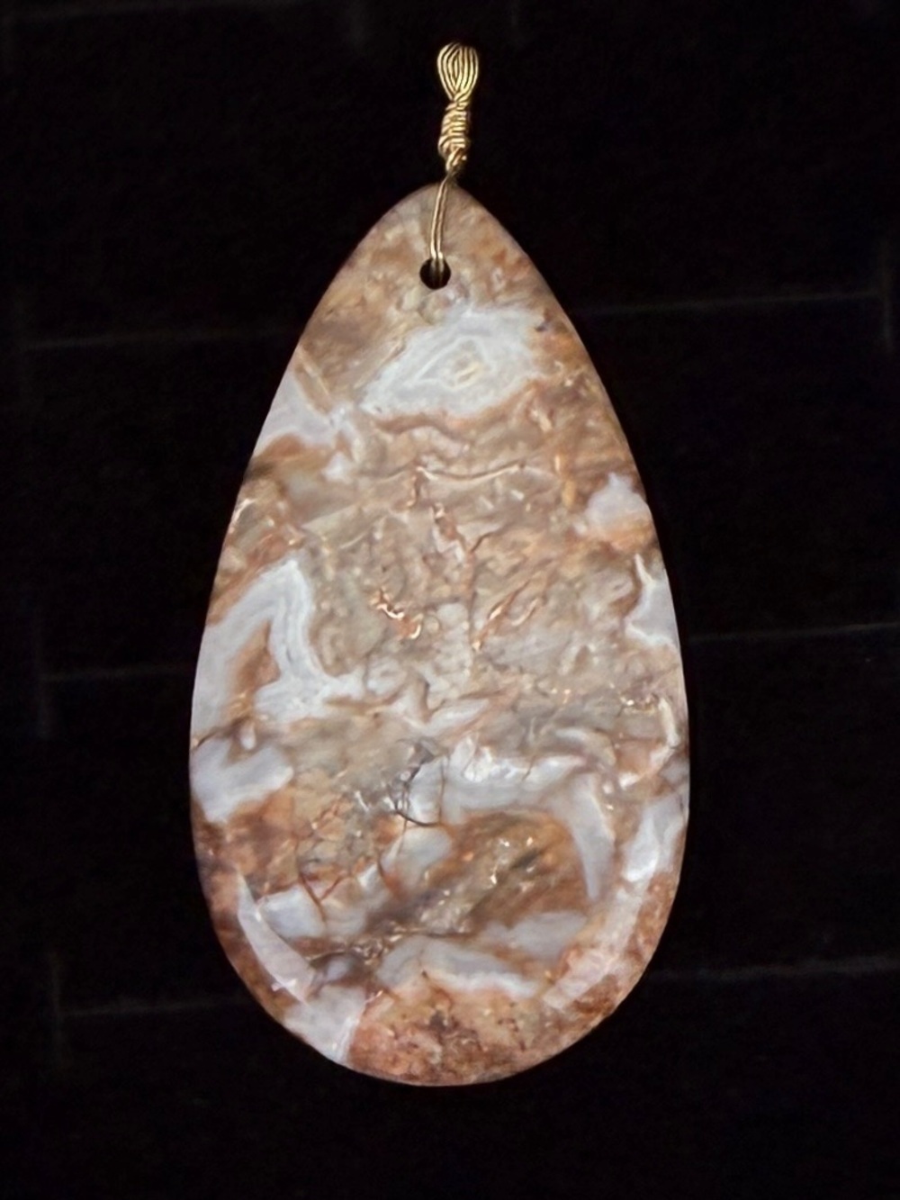 Bohemian chic large brown cream wire wrapped agate pendant + free cord necklace